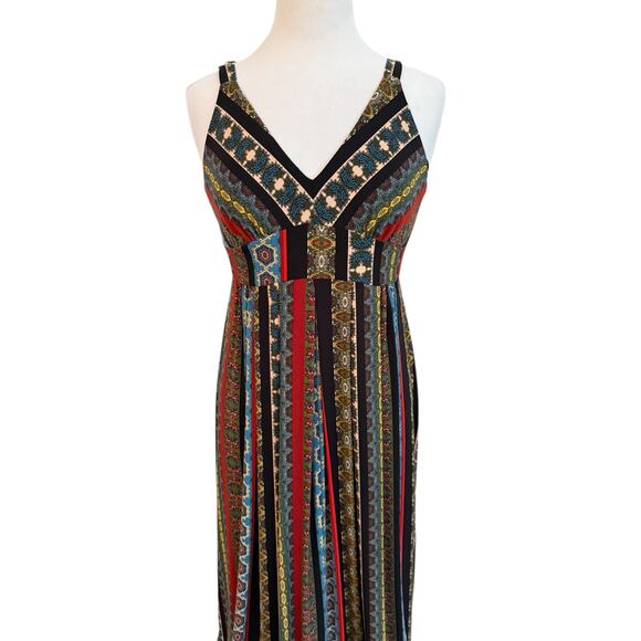 TAHARI BOHO CHIC FLOUNCE HEM MAXI DRESS DEEP ROUNDED V-NECK EMPIRE WAIST SP - Picture 5 of 11